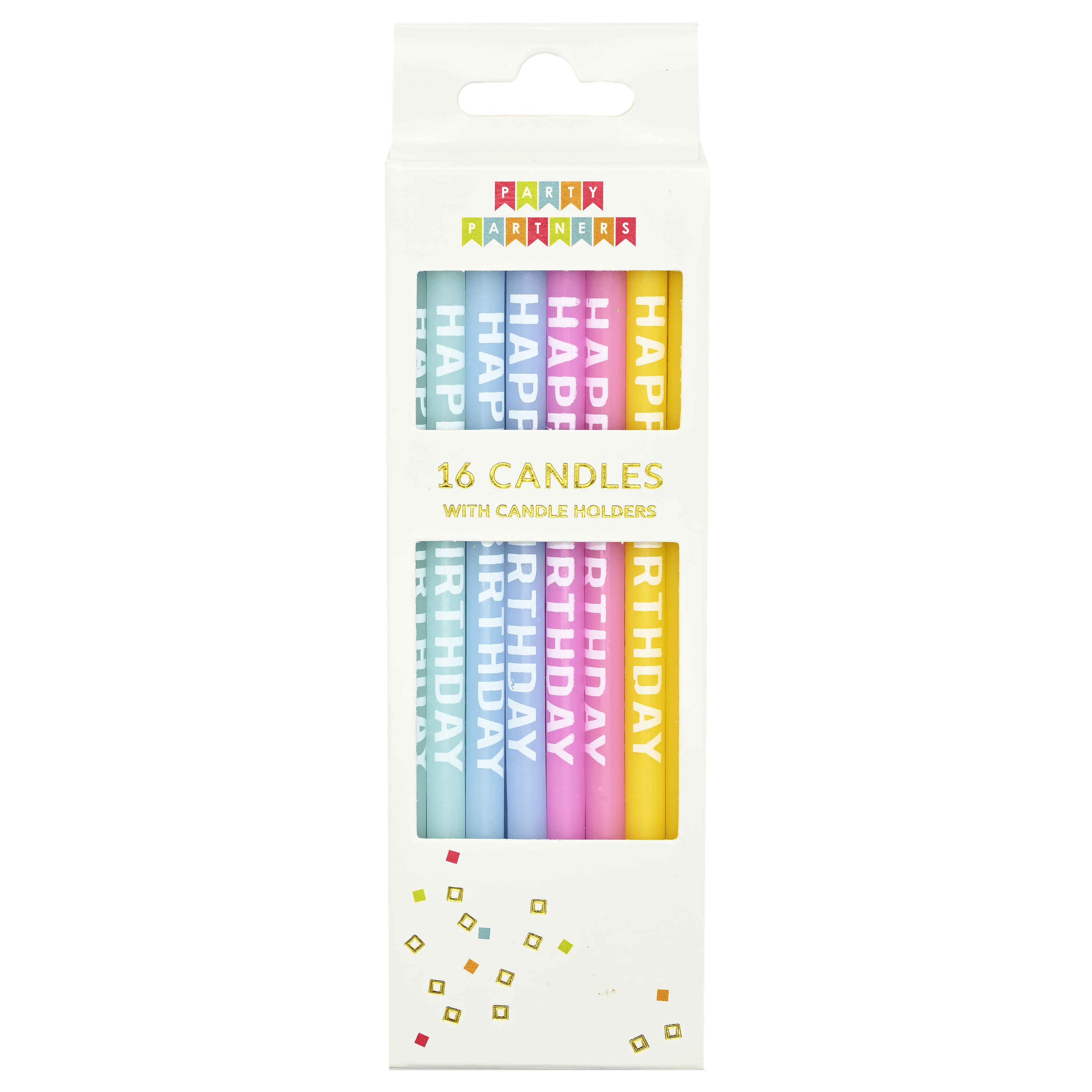 Set of 16 Pictura Happy Birthday candles with colorful wax candles in various sizes, perfect for birthday celebrations.